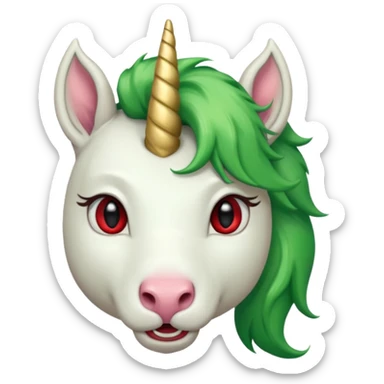 white furred unicorn with green hair and big red earrings looking into camera and big horn sticker