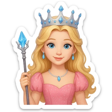 Change Glinda's dress to pink, keep her cheerful expression, blonde hair, sparkly crown, and wand. Remove the background. The style should resemble a cheerful fairy tale character with a magical and sparkly appearance. sticker