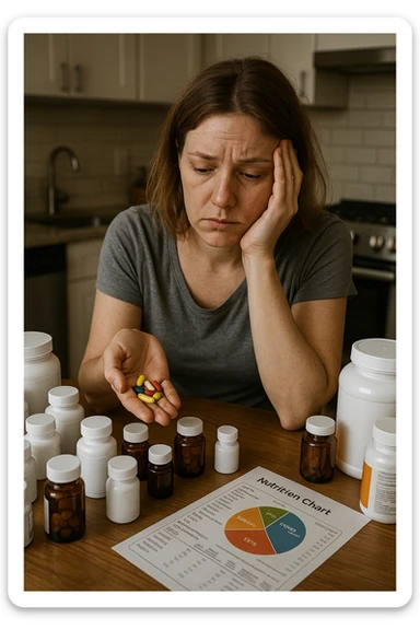 a woman in her 30s sits at her kitchen table, surrounded by dozens of supplement bottles, powders, and pills. She looks anxious and fatigued, with her head resting in one hand while the other holds a handful of colorful capsules. On the table, a nutrition chart is ignored, and her skin appears slightly dull or stressed. The mood is cautionary and educational. sticker