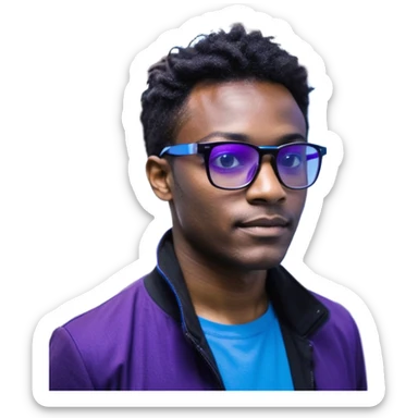 Développeur homme noir, dans un espace de coworking moderne, lumière néon bleue et violette, reflet sur son visage concentré, code affiché sur plusieurs écrans, légère profondeur de champ, ambiance professionnelle, style cinématique 4K, détails précis, peau naturelle, contraste fort. sticker