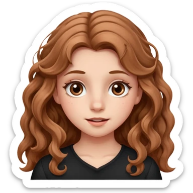 teenage girl with wavy long hazelnut hair, wearing blush and mascara, with a playful expression sticker