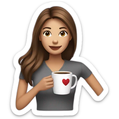 a woman with brown medium long straight length hair parted on side holding a coffee cup with a heart  sticker