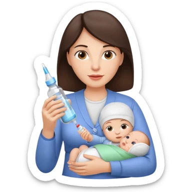 Brunette Mother holding a baby bottle with milk and a vaccine syringe sticker