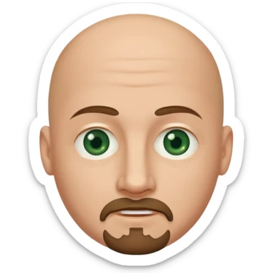 white caucasian bald man's face, with brown  round goatee and dark green eyes, oval face, rounded, big, little eyes a small smile,  sticker