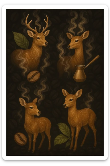 Four golden-brown deer, highly realistic, with fine water droplets on their fur. Each deer emits a light coffee aroma, visually represented by soft, swirling steam like freshly brewed coffee. Subtle coffee heritage elements such as Ethiopian coffee bean, Turkish cezve, and coffee tree leaf are tastefully integrated. Fine, out-of-focus dark coffee bean texture background with transparent edges, logo-level resolution. sticker