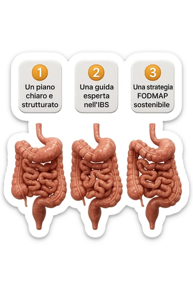 emoji stile iphone di 3 targhette numerate con intestino realistico davanti ad ogni targhetta, le targhette sono:
"1 – Un piano chiaro e strutturato
2 – Una guida esperta nell’IBS
3 – Una strategia FODMAP sostenibile"
, iperrealistico 4k sticker