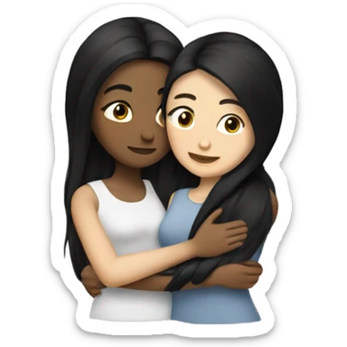 A lesbian couple with white skin and long black hair hugging intimately sticker