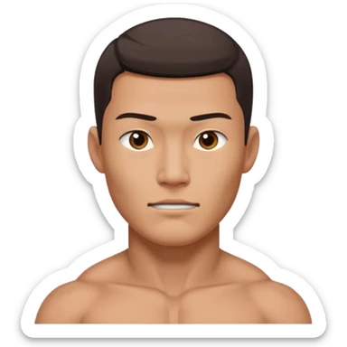 A standing buff shirtless asian guy with a really square jawline. Make his jawline extremely square and exaggerated. Also give him a middle part haircut. Give him a block square head sticker