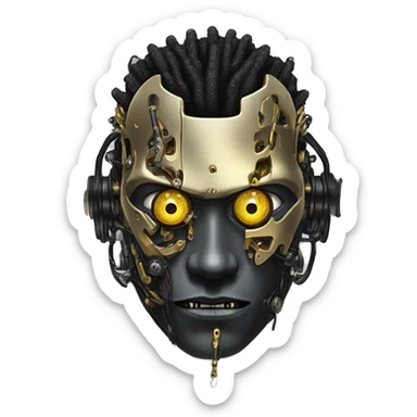 black metal male cyborg head with  one artificial eyeball, circuitry, goatee and dreaded yellow gold hair sticker