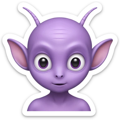 Portrait of a cute alien with round head, big shiny eyes, pastel purple skin, small antennae, friendly expression, cartoon style sticker