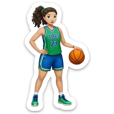 full body plus size light skin latino women basketball player with wavy dark hair in pony tail wide nose wearing blue green  uniform sticker