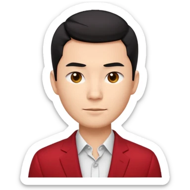 cool handsome Asian man emoji, short black hair styled with exposed forehead, natural slick hairstyle, sharp facial features, fair skin, confident eyes, subtle smirk, wearing dark red suit and white shirt with top buttons undone sticker