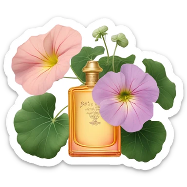 Aesthetic display of blush pink nasturtiums, an elegant violet perfume bottle, a vintage love letter, and a violet satin pouch.
 sticker