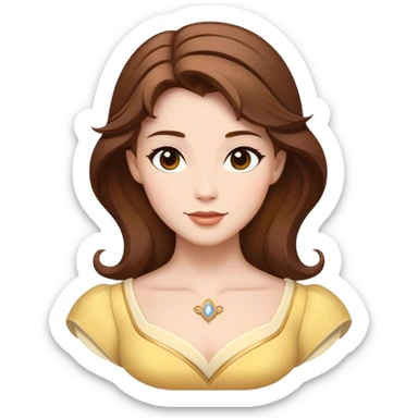 Cinematic Timeless Belle Portrait Emoji, rendered in a clean, vector style. Depict Belle with fair, luminous skin, beautifully arranged brown hair, and a serene, graceful expression, dressed in her classic attire. The design features bold, simplified shapes, a soft, enchanting glow, and a subtle glowing outline, capturing the essence of pure, timeless beauty. sticker