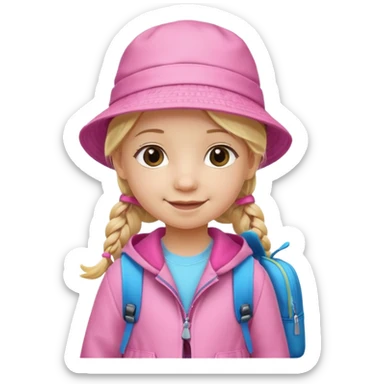 Little girl kid student, long braid blonde, wears pink bucket hat and jacket, backpack, happy sticker