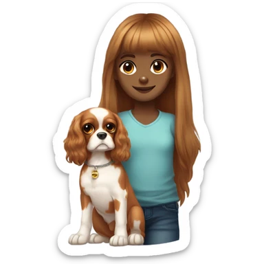 Super cute light skin kid girl with long hair with bangs with a cavalier King Charles spaniel dog  sticker