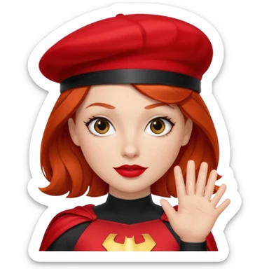 Uma ruiva feliz com batom vermelho com roupa vermelha tipo heroína, com uma boina preta, e uma cara mais “seria” fazendo pose com a mão. sticker