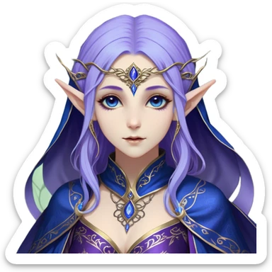 Cinematic Realistic WoW Elf Mage Portrait, depicted with ethereal, otherworldly beauty and refined arcane mastery. Clad in an intricately detailed robe in consistent deep blues and purples accented with shimmering gold filigree, her luminous, porcelain-like skin and delicate features evoke timeless elegance. Her piercing, mystical eyes radiate ancient wisdom, rendered with lifelike texture and subtle, magical lighting, high shine, noble and majestic, capturing the essence of a legendary elven sorceress. sticker