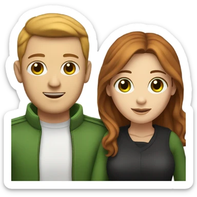 A white woman with reddish-brown hair and green eyes hugging a white man with black straight hair and brown eyes sticker