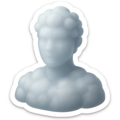 person looking straight, fully made of white fluffy convex clouds, shoulders, matte glass style sticker