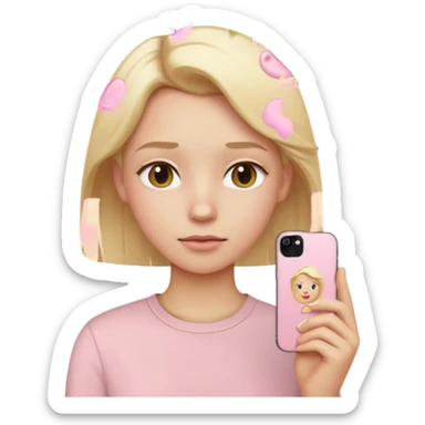side view close up of a pastel pink iPhone to the ear, blonde hair, beige shirt, iOS Apple emoji style sticker