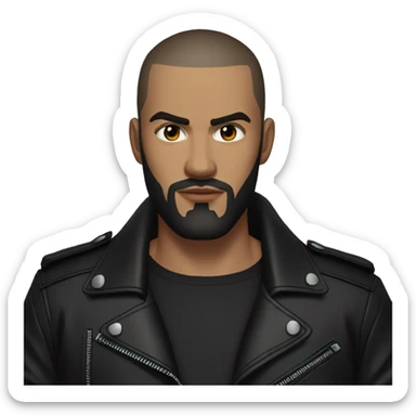 young man with very short dark brown hair and beard,buzzcut,  cool outfit, black leather jacket and black shirt underneath, evil look, angry look sticker