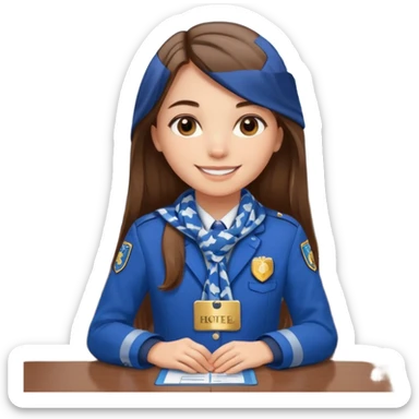 Young girl, long straight hair, wearing uniform jacket with hotel name badge, tasteful scarf, stand behind the desk

 sticker