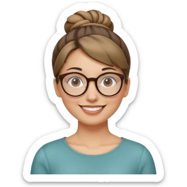 femme de 38 ans avec des cheveux blond foncé, un chignon haut, yeux bruns, lunettes rondes sticker