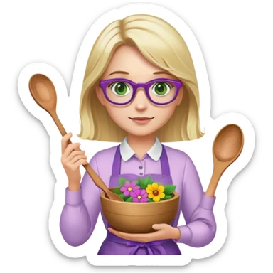 woman with blonde shoulder length hair, purple glasses, green eyes, flower apron, holding bowl and spoon sticker