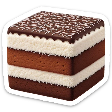 Lamington Cinematic Realistic Lamington Dessert Emoji, depicted as a sponge cake square coated in chocolate and dusted with coconut on all sides, rendered with lifelike textures and vibrant, tropical lighting. sticker