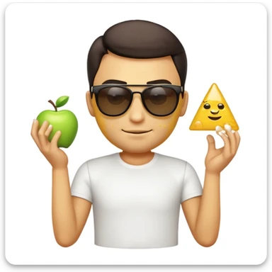 3D apple-style emoji of a stylish man in Salt Bae pose, sunglasses, short-sleeved white t-shirt, black pants, sprinkling salt, yellow emoji skin, triangle eyes, confident smirk, white background, glossy finish sticker