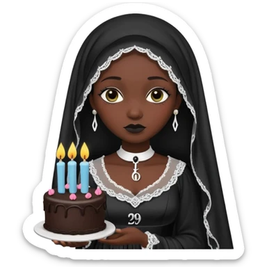 Emoji-style illustration of a cute sarcastic woman, black mourning dress and veil, holding a birthday cake with number 29 candles, ironic expression, RIP 20s theme, flat design, bold outlines, pastel gothic colors, high resolution, clean background, perfect for profile picture sticker