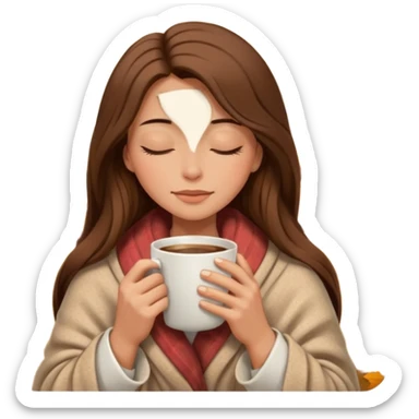 long brown hair woman closed eyes hiding under a cozy wool beige blanket, holding cup of coffee, autumn mood sticker