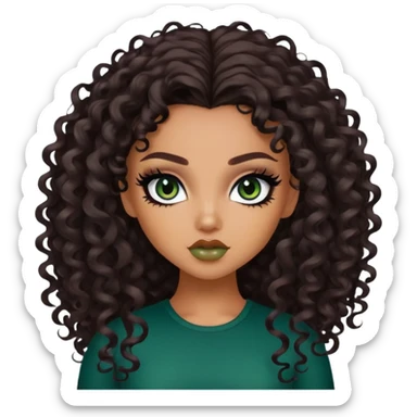 curly long dark brown hair, tan skin,  dark green iris, pretty bratz baddie, black eyeliner sticker