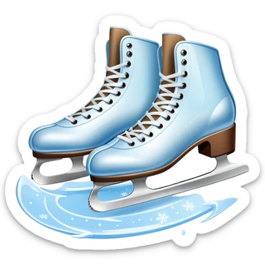 An icon showing In the background, twinkling lights, winter trees, and cheering spectators create a festive atmosphere. a pair of elegant ice skates gliding across a smooth, frozen rink with snowflakes in the air. Transparent background highlights the grace and charm of ice skating. sticker