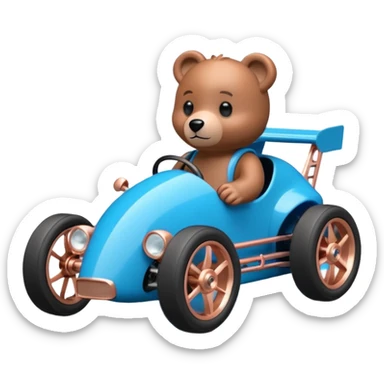 dar crystal blue and rosegold-accented rc racing car driven by a small cute Freddy bear with rear spoiler, safety cage, and wheely bar sticker