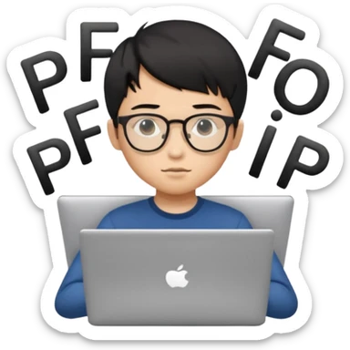 A young boy DEVELOPER WITH A laptop, black straight short hair, wearing glasses, he is asian

Add the letters "PIF" floating around him sticker