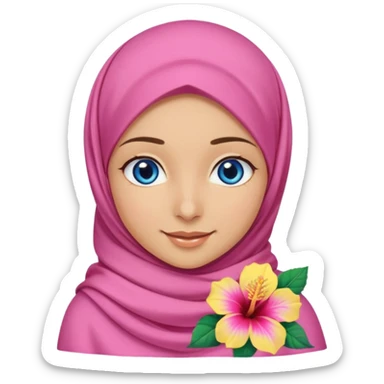 Turkish beautiful finish Konya girl blue eyes with pink yellow summer hijab islamic dress and had on her side part hijab hibiscus flower and she’s happy sticker