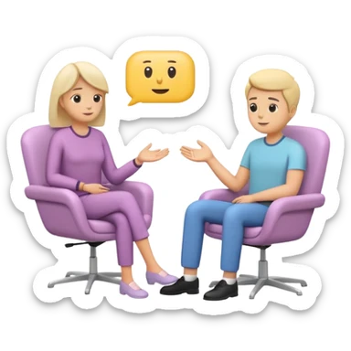 simplified human character sitting in a chair talking calmly with a psychologist, therapist listening attentively, safe and supportive atmosphere, mental health session, flat custom emoji sticker, pastel colors, rounded shapes, minimal details, thick outline, white background, no text sticker