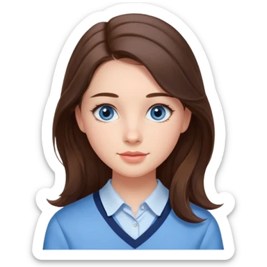 Realistic Student Portrait, with porcelain-like skin featuring a natural rosy flush, iHer Brunette Half-Up Style for Straight  hair flows in soft, Her deep blue eyes radiate warmth and innocence,  wear light blue preppy style. sticker