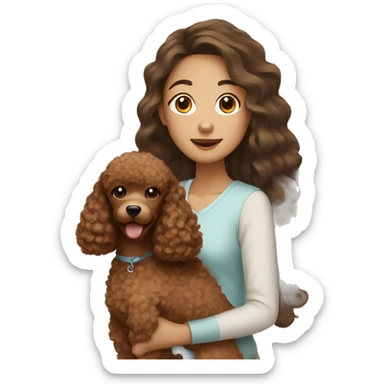 Asian girl with long curly hair holding a brown poodle sticker
