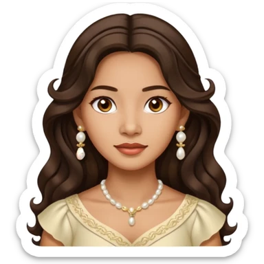 Tan Filipino woman with dark brown eyes and long dark wavy hair parted in the middle wearing a traditional filipiniana and white pearl earrings sticker
