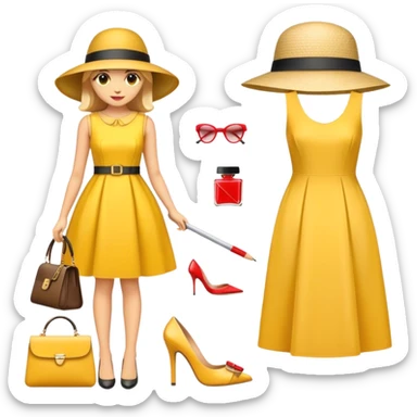 Icon for Fashion Design: a clothing scheme, a measuring tape and a pencil, a stylish hat, a bright dress, shoes and a handbag with measurements. The emoji should represent the creative and precise process of fashion design. Transparent background. sticker
