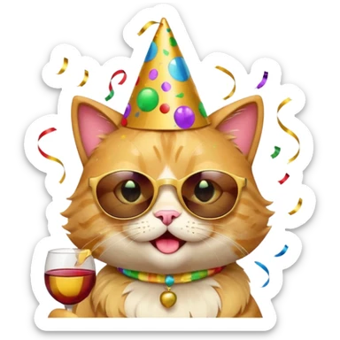 winking happy cat with a huge gold birthday hat, black sunglasses, and a wine glass, surrounded by confetti and streamers, apple emoji style sticker