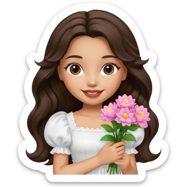 generate a pretty bratz girl with in a white puff sleeve top.  light lipgloss on . dark Brown wavy hair long. carrying flowers  sticker