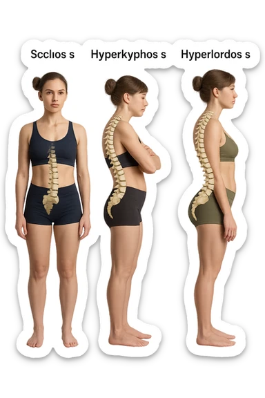 fai un immagine identica che riguarda 3 posture scorrette: scoliosi, ipercifosi e iperlordosi. falla iperrealistica anatomica in 4k con spina dorsale storta in evidenza su ogni figura sticker