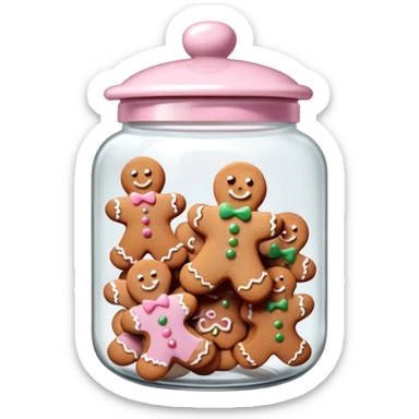 Realistic glass cookie jar with light pink lid full of gingerbread cookies isolated.  sticker