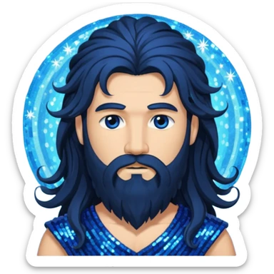 Boreas, God of North Wind from Gods and Goddesses with long black shaggy hair and beard, deep blue sequin outfit sticker