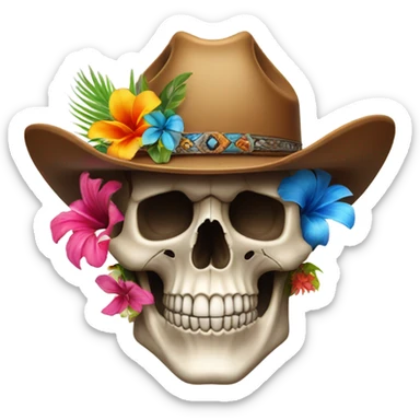 Realistic skull with a cowboy hat on decorated with tropical flowers. sticker