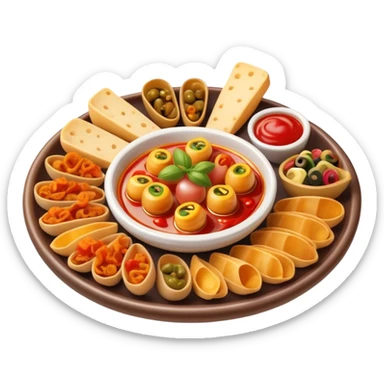 Cinematic Realistic Tapas Dish Emoji, depicted as an assortment of small, flavorful Spanish appetizers rendered with vibrant detail and warm, inviting lighting. sticker
